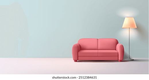 Sofa, floor lamp lights up, 3D. Modern interior for design concepts of rest, home comfort, and relaxation. Sale of modern furniture for the home. Vector illustration.