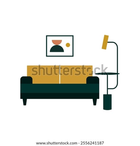 Sofa, floor lamp, modern art poster. Living room interior. Vector color icon in flat style on a white background. Interior design concept.