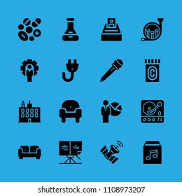sofa, french horn, presentation, flask, plug, armchair, satellite, medicine and turntable vector icon. Simple icons set