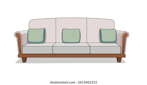 Sofa Front Vector Design, Cartoon 3 Sitting Soft Vector, Wooden Sofa frame, sofa cushions  Illustration