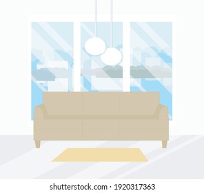 Sofa in front of the window carpet cityscape outside the window art design element flat design stock vector illustration for web, for print
