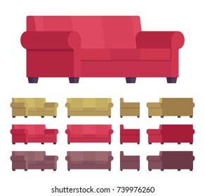 Sofa furniture set. Soft seat, comfortable upholstered couch for stylish and functional home decor. Different colors and positions. Vector flat style cartoon illustration isolated on white background