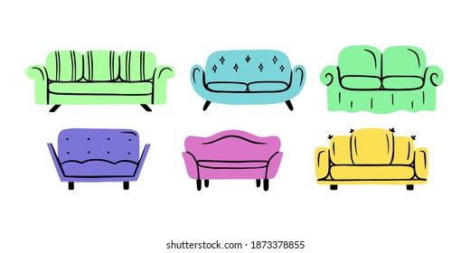 Sofa furniture vector set. Flat cartoon simple style.