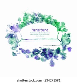 Sofa furniture watercolor flyer, eps8. Shape of the object is cut out from background.