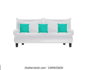 Sofa with green pillows on white background.