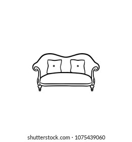 Sofa handgezeichnet Umriss doodle Symbol. Polstersofa mit Kissen, Vektorgrafik für Druck, Web, Handy und Infografiken einzeln auf weißem Hintergrund.
