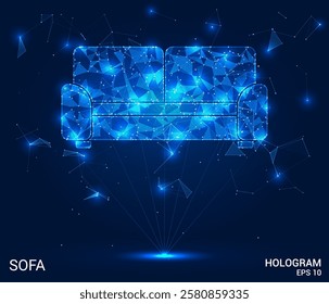 Sofa hologram. Sofa is made of polygons, triangles, dots, and lines. Sofa is a low-poly compound structure. Technology concept vector.