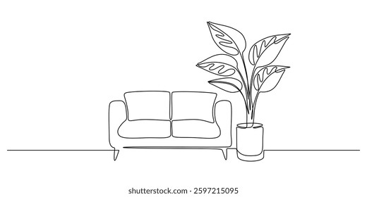 Sofa with home plant in continuous one line drawing. Modern room and home furniture in simple Linear style. Editable stroke. Doodle oneline vector illustration