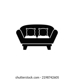 Sofa icon in black flat glyph, filled style isolated on white background