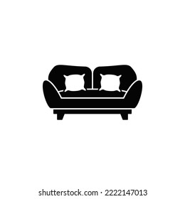 Sofa icon in black flat glyph, filled style isolated on white background