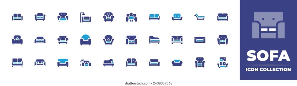 Colección de iconos de Sofa. Color de duotona. Ilustración vectorial y transparente. Con sofá, tumbona, sofá, sillón, sofá, sofá y cama individual.