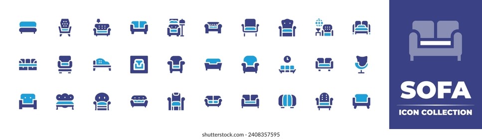 Colección de iconos de Sofa. Color de duotona. Ilustración vectorial y transparente. Consta de salón, sillón, sofá, sofá, sofá cama, sofá cama, sala de espera, utensilios, tocadiscos.