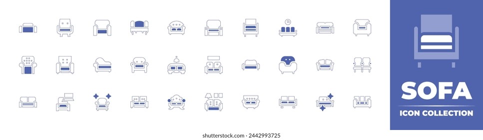 Sofa icon collection. Duotone style line stroke and bold. Vector illustration. Containing sofa bed, couch, sofa, living room, chair, armchair, telecommuting, furniture care.