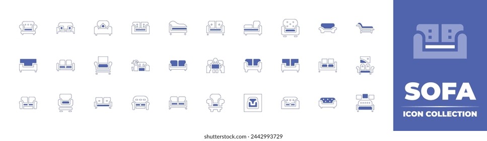 Sofa icon collection. Duotone style line stroke and bold. Vector illustration. Containing sofa, sofa bed, living room, couch, chaise longue, chair, settee, single, divan, armchair.