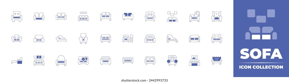 Sofa icon collection. Duotone style line stroke and bold. Vector illustration. Containing sofa, armchair, couch, livingroom, chaise longue, chair.