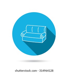 Sofa icon. Comfortable couch sign. Furniture symbol. Blue flat circle button with shadow. Vector
