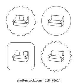 Sofa icon. Comfortable couch sign. Furniture symbol. Flat circle, star and emblem buttons. Labels design. Vector