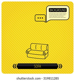 Sofa icon. Comfortable couch sign. Furniture symbol. Chat speech bubbles. Orange line background. Vector.