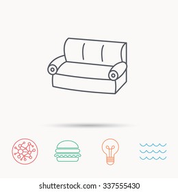 Sofa icon. Comfortable couch sign. Furniture symbol. Global connect network, ocean wave and burger icons. Lightbulb lamp symbol.