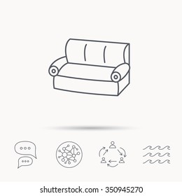 Sofa icon. Comfortable couch sign. Furniture symbol. Global connect network, ocean wave and chat dialog icons. Teamwork symbol.