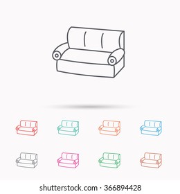 Sofa icon. Comfortable couch sign. Furniture symbol. Linear icons on white background.