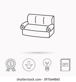 Sofa icon. Comfortable couch sign. Furniture symbol. Download arrow, lamp, learn book and award medal icons.