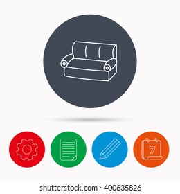 Sofa icon. Comfortable couch sign. Furniture symbol. Calendar, cogwheel, document file and pencil icons.