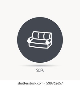 Sofa icon. Comfortable couch sign. Furniture symbol. Round web button with flat icon. Vector