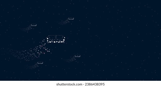 Un icono del sofá lleno de puntos vuela por las estrellas dejando un rastro detrás. Cuatro pequeños símbolos alrededor. Espacio vacío para texto a la derecha. Ilustración vectorial sobre fondo azul oscuro con estrellas