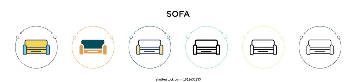 Sofa icon in filled, thin line, outline and stroke style. Vector illustration of two colored and black sofa vector icons designs can be used for mobile, ui, web