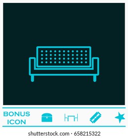 Sofa icon flat. Blue pictogram on dark background. Vector illustration symbol and bonus icons