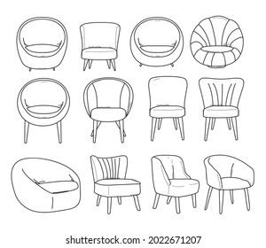 Conjunto de líneas de icono de Sofa. Moderna colección de sofás vintage y retro. Símbolos del contorno del mobiliario. Ilustración vectorial. dibujado a mano