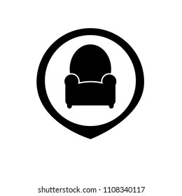 Sofa icon and map pointer. designed for store of furnishings, upholstery