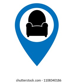 Sofa icon and map pointer. designed for store of furnishings, upholstery