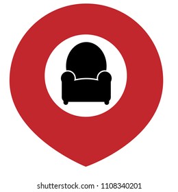 Sofa icon and map pointer. designed for store of furnishings, upholstery
