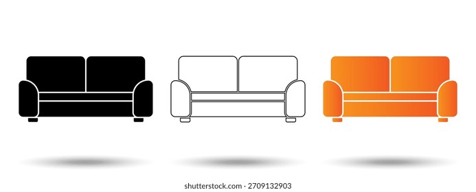 Icono de sofá. Icono del sofá en un fondo blanco, aislado. El ícono tiene tres usos en aplicaciones y Sitios web. Ilustración vectorial. Icono de sofá sobre un fondo blanco.