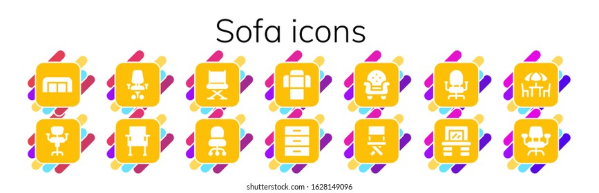 sofa icon set. 14 filled sofa icons. Included Sofa, Chair, Desk chair, Cabinet, Armchair, Vanity, Chairs icons