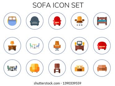sofa icon set. 15 flat sofa icons.  Simple modern icons about  - double bed, bedside table, armchair, chair, tv table, couch