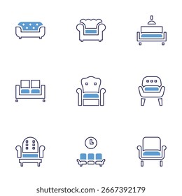 Sofa icon set. Bold line style. Duotone colors. Editable stroke. sofa bed, armchair, sofa, waiting room, living room.