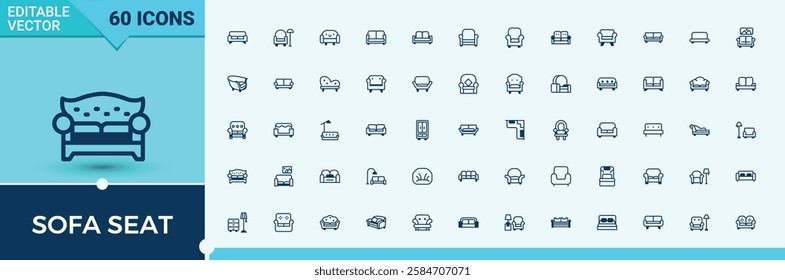 Sofa icon set. Containing bedroom, ac, desk, shelf, bath and more. Icons for website. Solid line editable stroke. Vector line and solid icons.