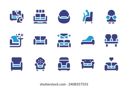 Conjunto de iconos de Sofa. Color de duotona. Ilustración vectorial. Consta de sofá, sofá, tumbona, asiento, salón, sillón.