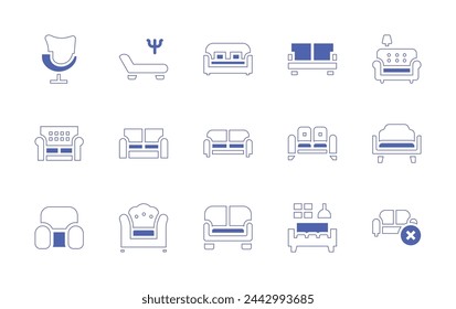 Sofa icon set. Duotone style line stroke and bold. Vector illustration. Containing sofa, no sofa, couch, armchair, chair.
