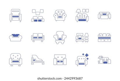 Sofa icon set. Duotone style line stroke and bold. Vector illustration. Containing divan, sofa, living room, chair, livingroom, chaise longue, armchair.