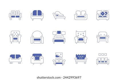 Sofa icon set. Duotone style line stroke and bold. Vector illustration. Containing sofa, armchair, chaise longue.