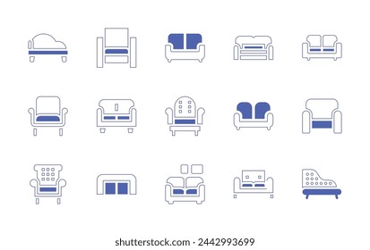 Sofa icon set. Duotone style line stroke and bold. Vector illustration. Containing armchair, sofa bed, sofa, couch, chaise longue.