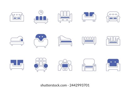 Sofa icon set. Duotone style line stroke and bold. Vector illustration. Containing sofa, couch, armchair.