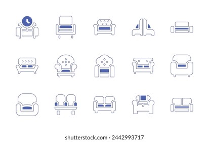 Sofa icon set. Duotone style line stroke and bold. Vector illustration. Containing sofa, couch, armchair.