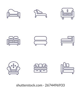 Sofa icon set. Line style. Editable stroke. sofa, divan, couch, armchair, chaise longue.