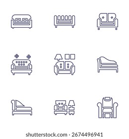 Ícone do Sofa definido. Estilo da linha. AVC editável. sofá, sofá, chaise longue, sala de estar, sala, poltrona.