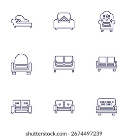 Sofa-Icon-Set. Linienstil. Bearbeitbarer Strich. Sessel, Sofa, Einzel, Couch.